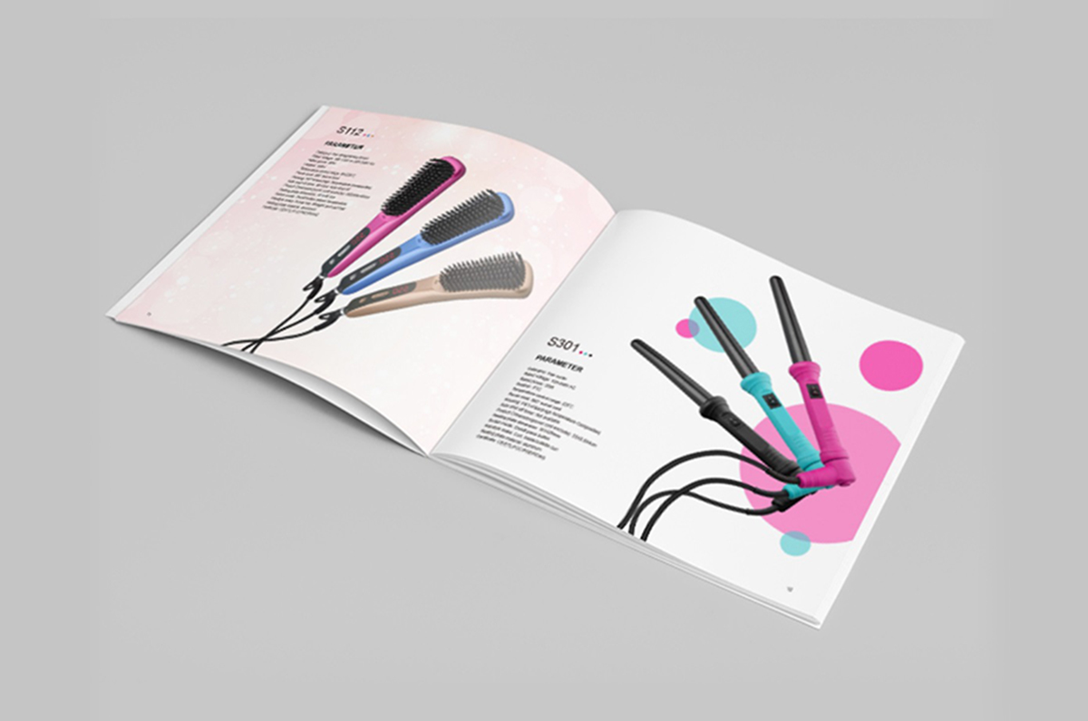美發(fā)梳產(chǎn)品畫冊設(shè)計，直發(fā)梳畫冊策劃，卷發(fā)棒畫冊設(shè)計公司